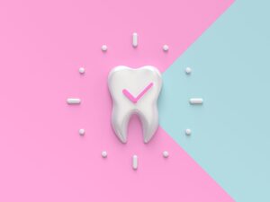 Illustrated tooth with clock hands on a pink and blue background
